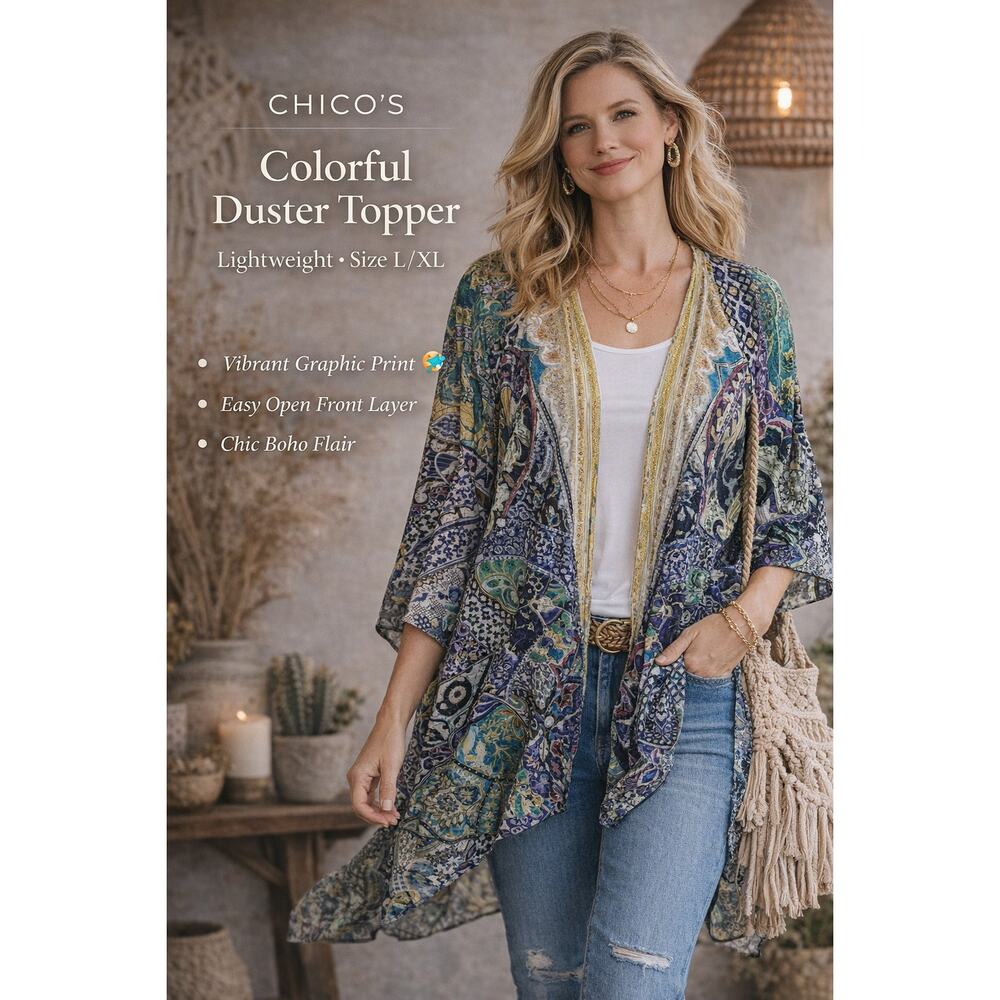 Chico's Kimono Duster Womens L XL Multicolor Paisley Open Front Boho Lagenlook - Picture 2 of 8